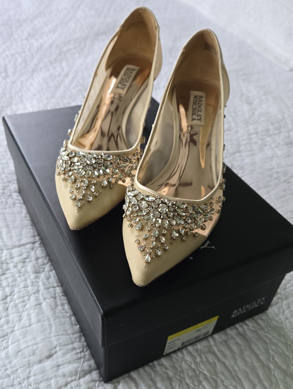 Badgley Mischka Champagne Jeweled Pointed-Toe Kitten Heal Pumps